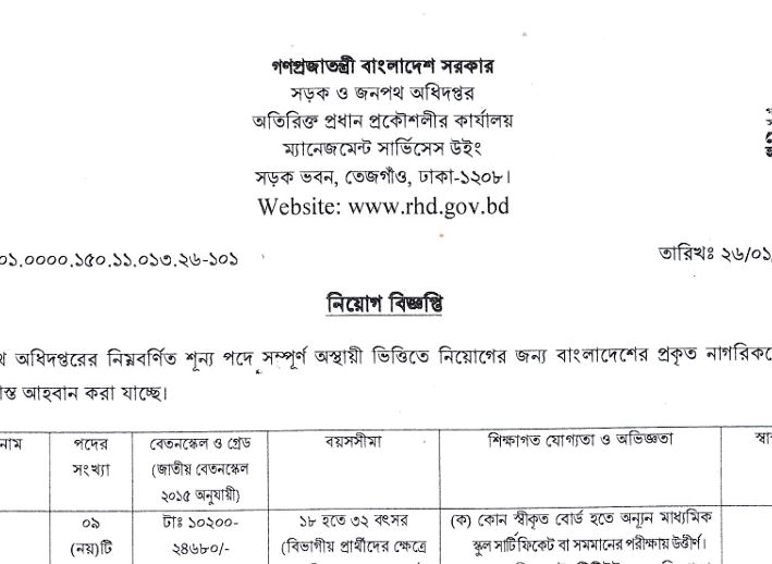 সড়ক ও জনপথ (RHD) নতুন নিয়োগ বিজ্ঞপ্তি