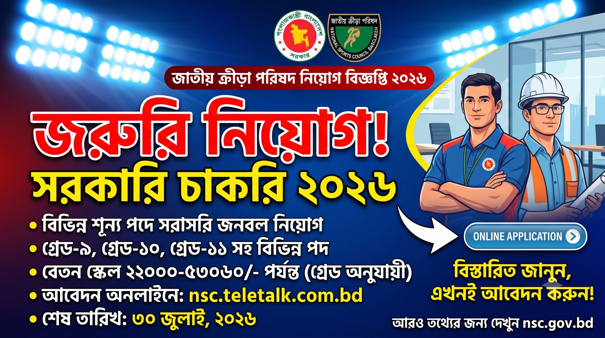 জাতীয় ক্রীড়া পরিষদ (NSC) নিয়োগ বিজ্ঞপ্তি ২০২৬ | উপ-সহকারী প্রকৌশলী সহ বিভিন্ন পদে বিশাল সুযোগ