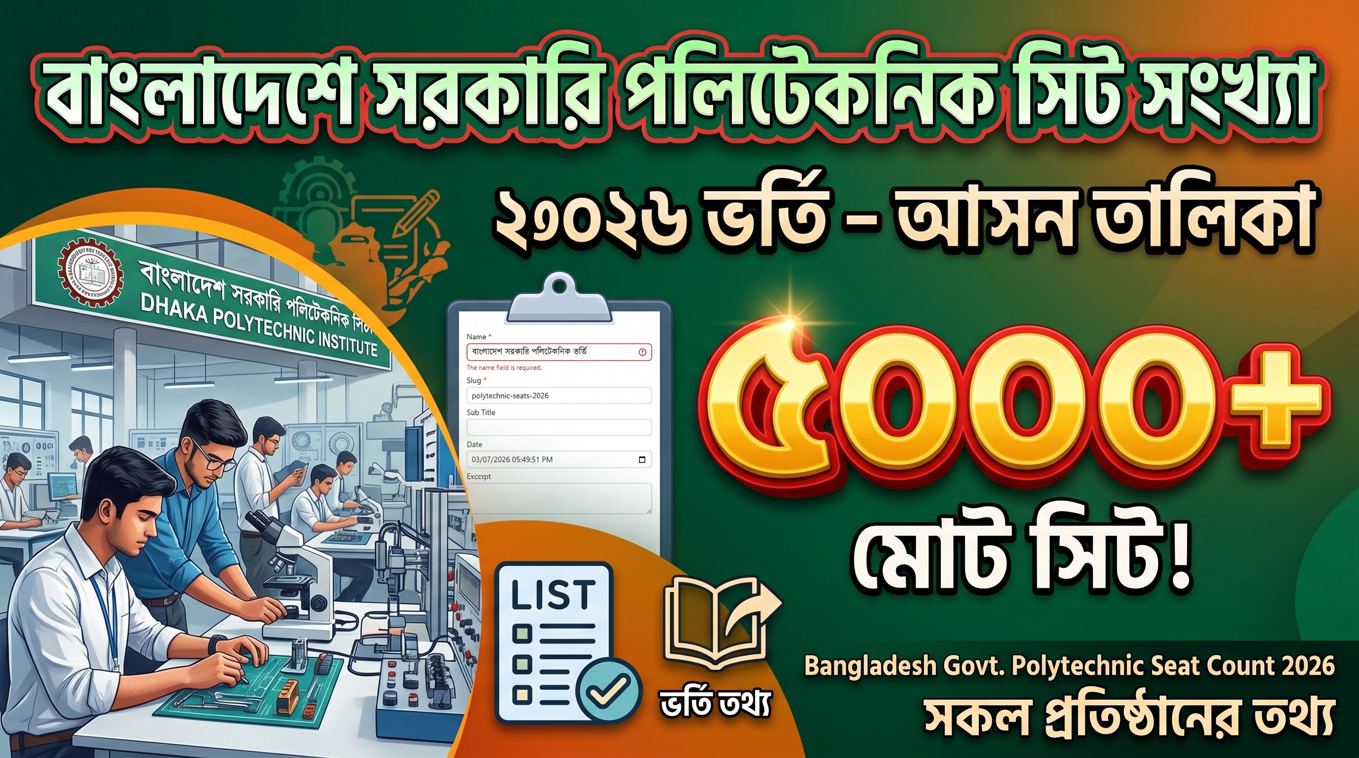 বাংলাদেশের সকল সরকারি পলিটেকনিকের সিট সংখ্যা (আসন তালিকা ২০২৬)